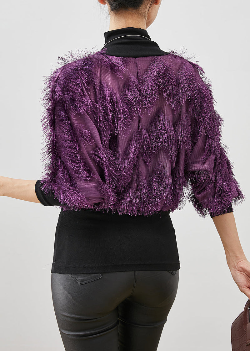 Purple Tasseled Patchwork Cotton Shirt Top Winter
