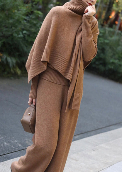 Classy Khaki Sweaters and Pants Knit Two Pieces Set Fall