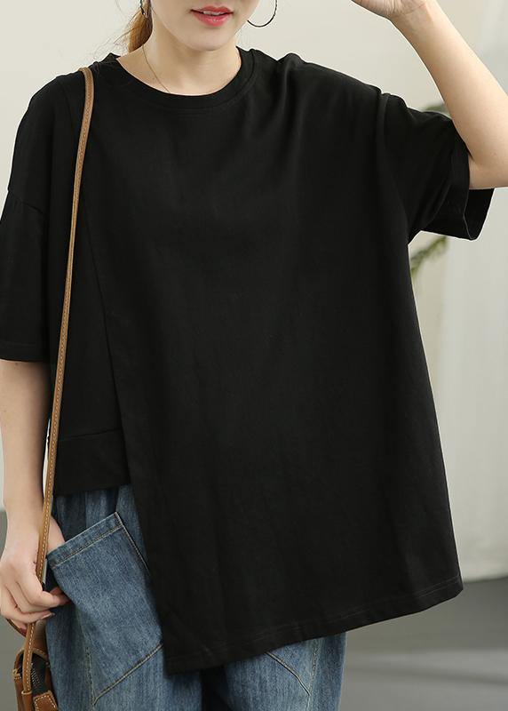 Black Asymmetrical Design Cotton Tee Summer