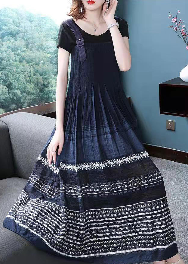 Stylish Navy Wrinkled Print Spaghetti Strap Cotton Maxi Dress Sleeveless
