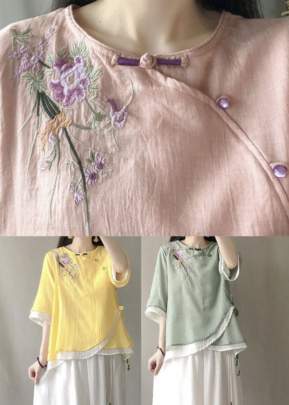 Yellow Embroideried Patchwork Linen Shirt Tops Summer