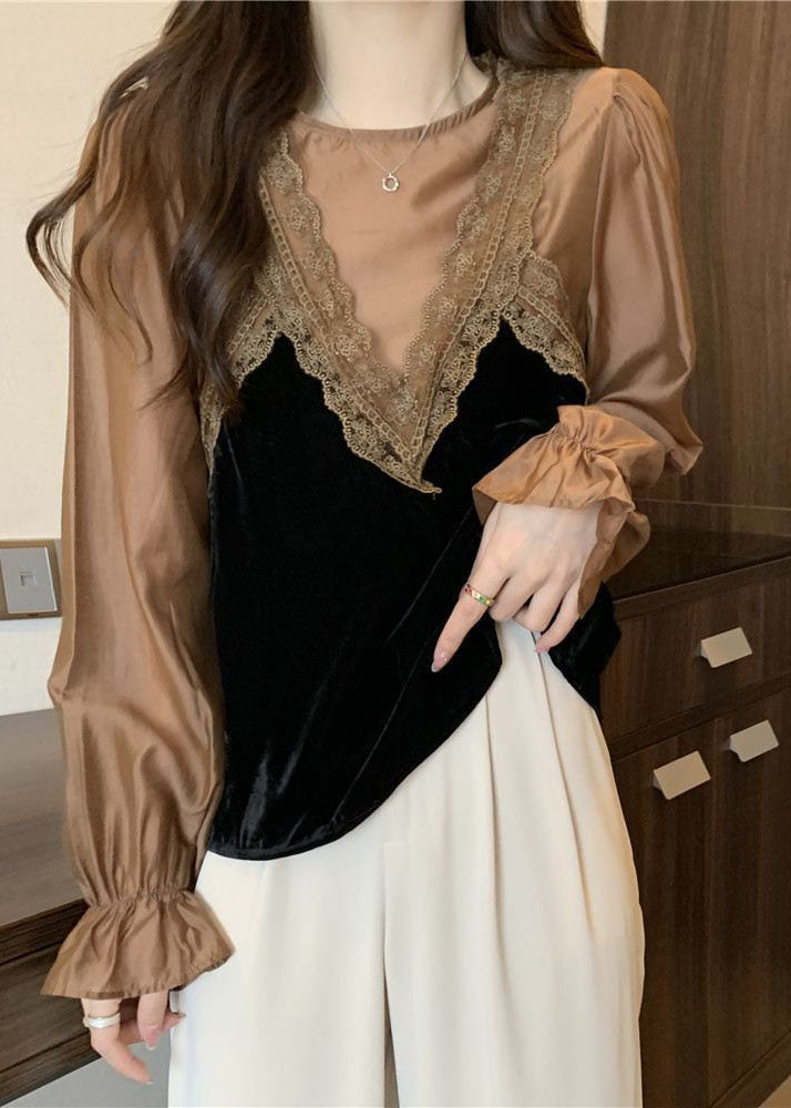 Khaki Patchwork Lace Silk Velour Shirt Top O-neck Lantern Sleeve