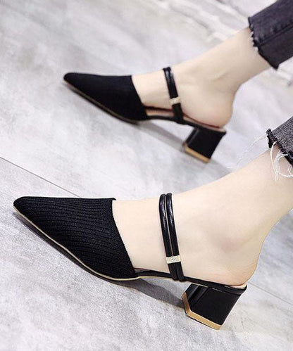 Pointed Toe Splicing Chunky Slide Sandals Black Knit Fabric