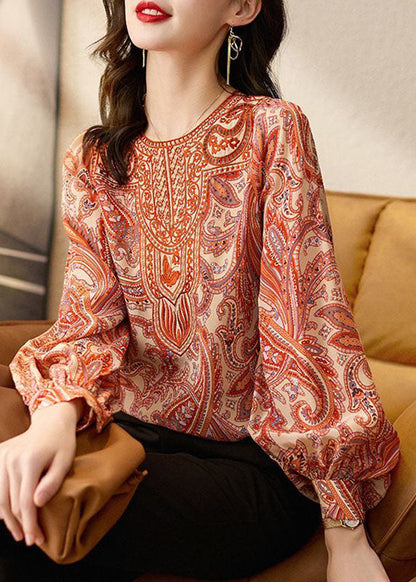 Orange O Neck Print Silk Tops Puff Sleeve