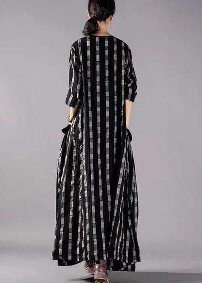 Black O-neck Plaid Print Cotton Long Dresses Long Sleeve
