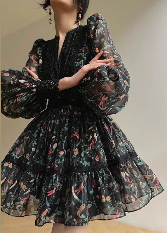 Black V Neck Print Lace Patchwork Chiffon Short Dress Long Sleeve Fall