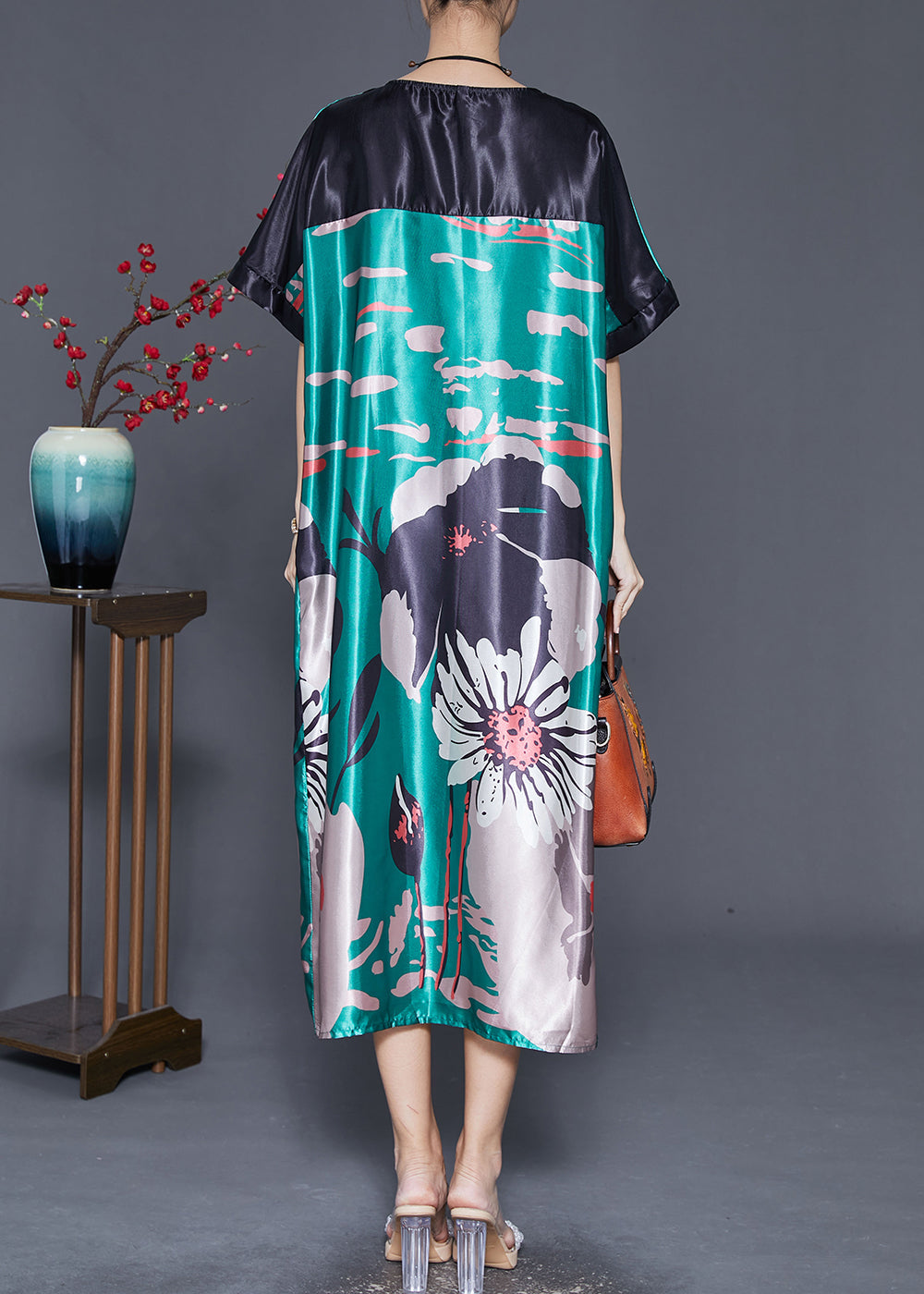 Diy Peacock Green Oversized Print Silk Dress Summer