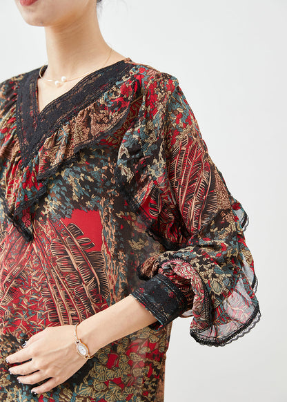 Red Ruffles Patchwork Print Chiffon Shirt Top Fall