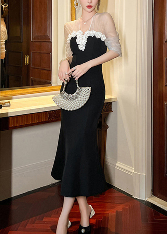 Black V Neck Tulle Patchwork Maxi Dresses Summer
