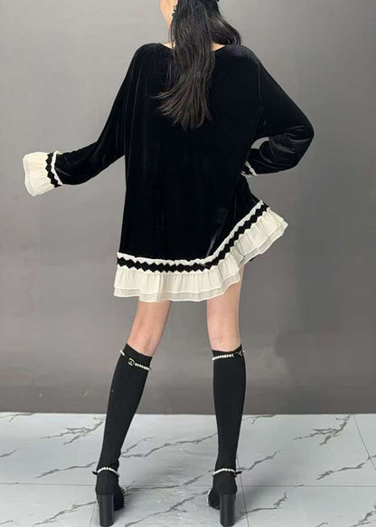 New Black O-neck Patchwork Silk Velour Tops Flare Sleeve