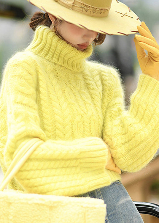Yellow Hign Neck Thick Ma Hai Mao Short Knit Sweaters Winter