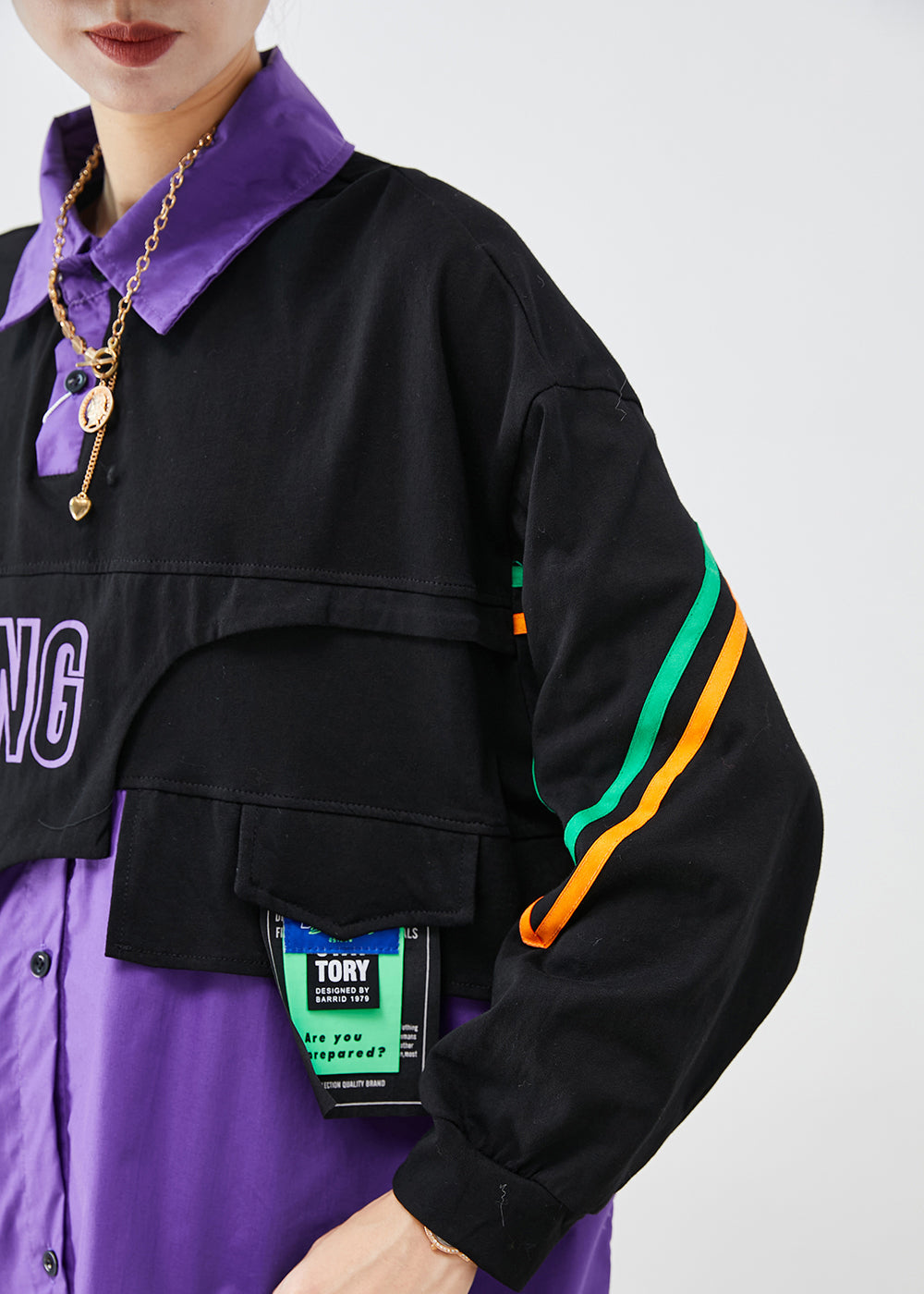 Purple Oversized Patchwork Cotton Fake Two Piece Sweatshirts Top Fall