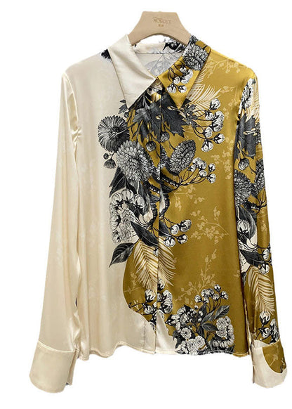 Beige Peter Pan Collar Asymmetrical Print Silk Blouse Tops Spring