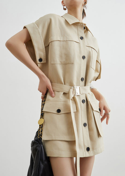 Khaki Peter Pan Collar Pockets Sashes Cotton T Shirts Dresses Summer