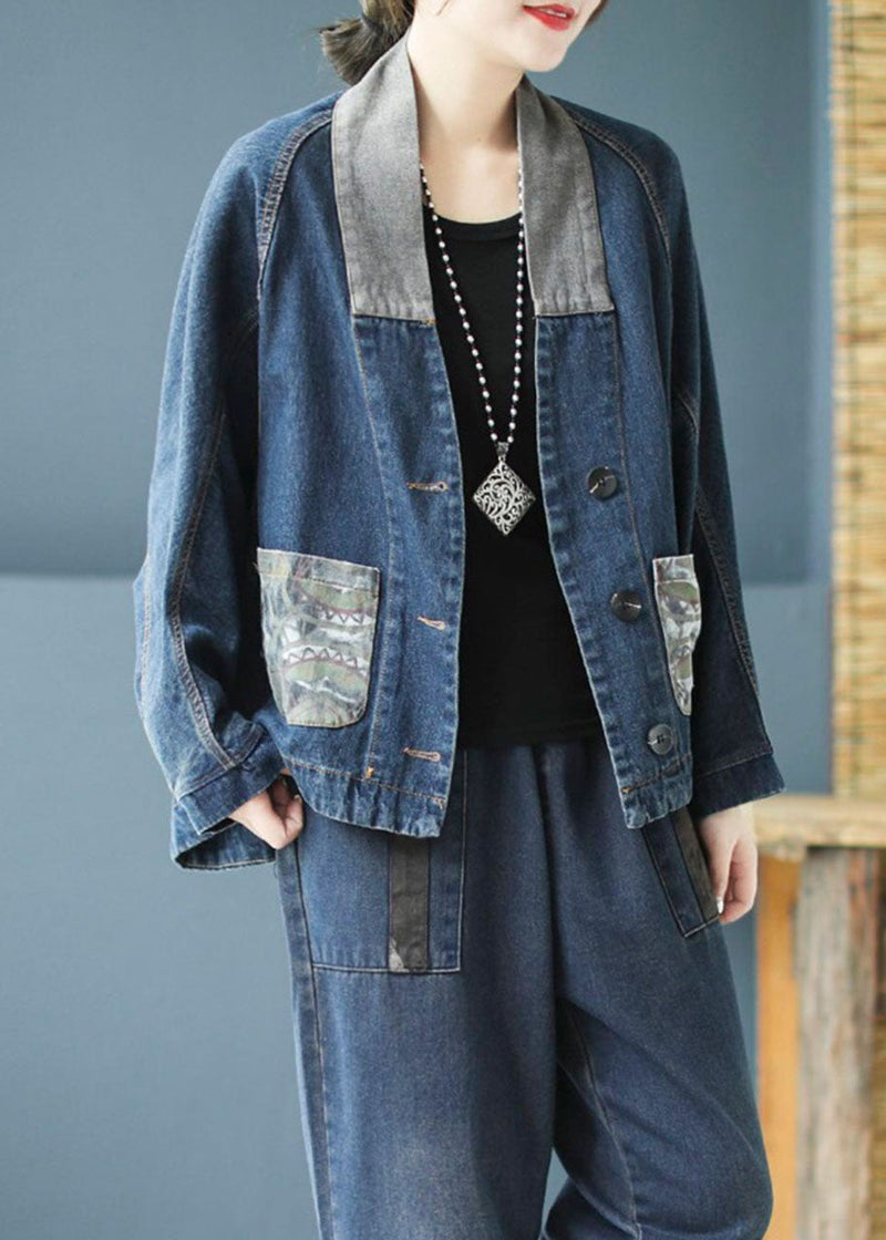 Blue Pockets Button Patchwork Print Fall Denim Long Sleeve Coat