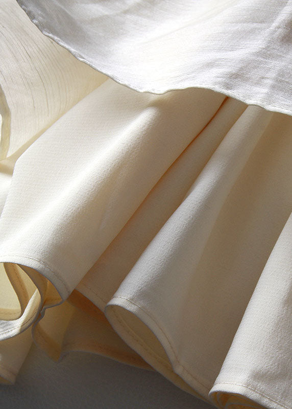 Apricot White Patchwork Pleated Cotton Spaghetti Strap Dress