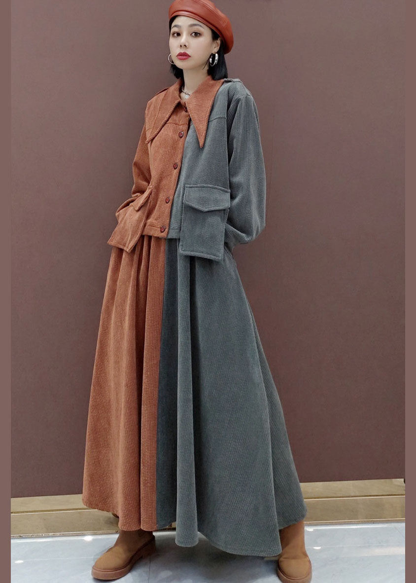 Fine V Neck Patchwork Corduroy Long Sleeved Tops Circle Skirts Two Piece Set Outfits