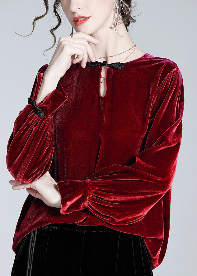 Loose Green Button Silk Velour Top Winter