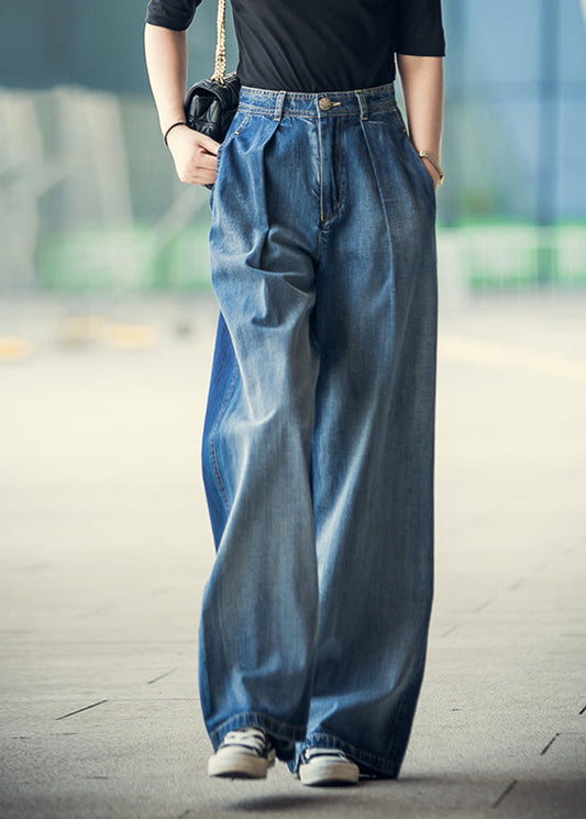 Denim Blue High Waist Pockets Button Cotton Loose Wide Leg Pants Spring