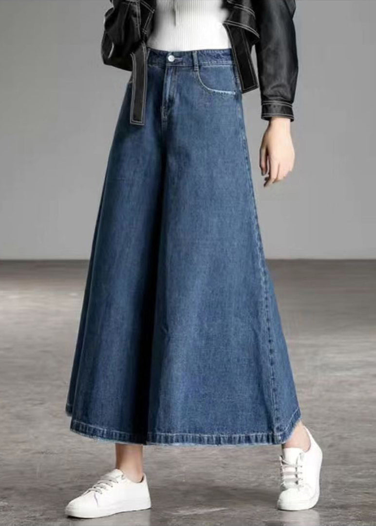 Navy Pockets Cotton Flare Pants Skirt High Waist Draping Summer