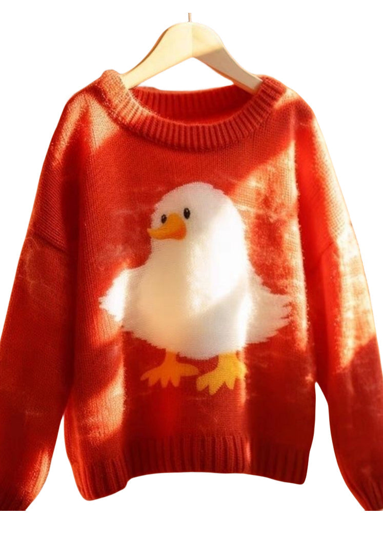 Red O Neck Little Duck Cotton Knit Sweaters Long Sleeve