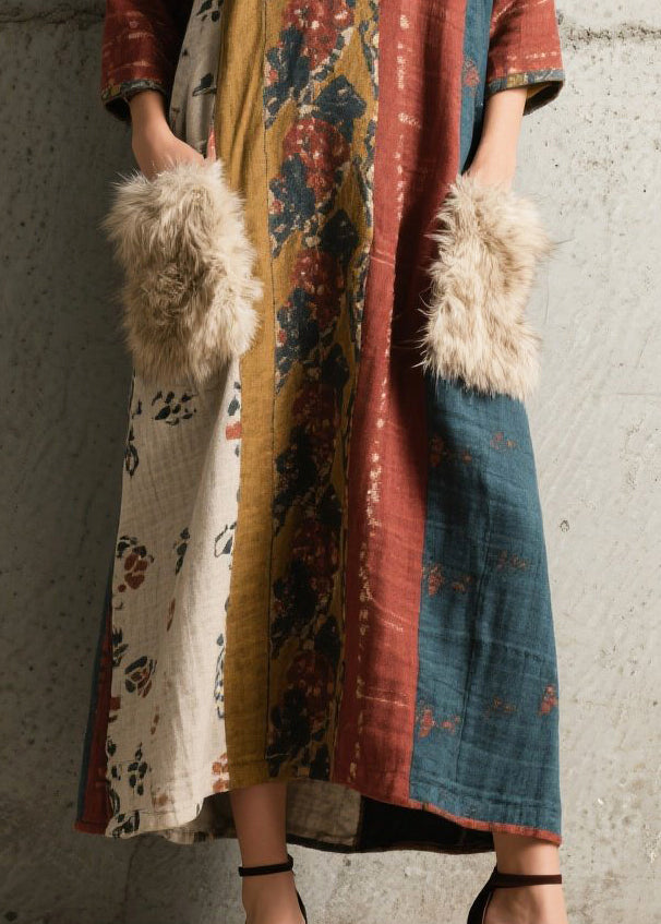 Print Patchwork Faux Fur Holiday Dress Bracelet Sleeve