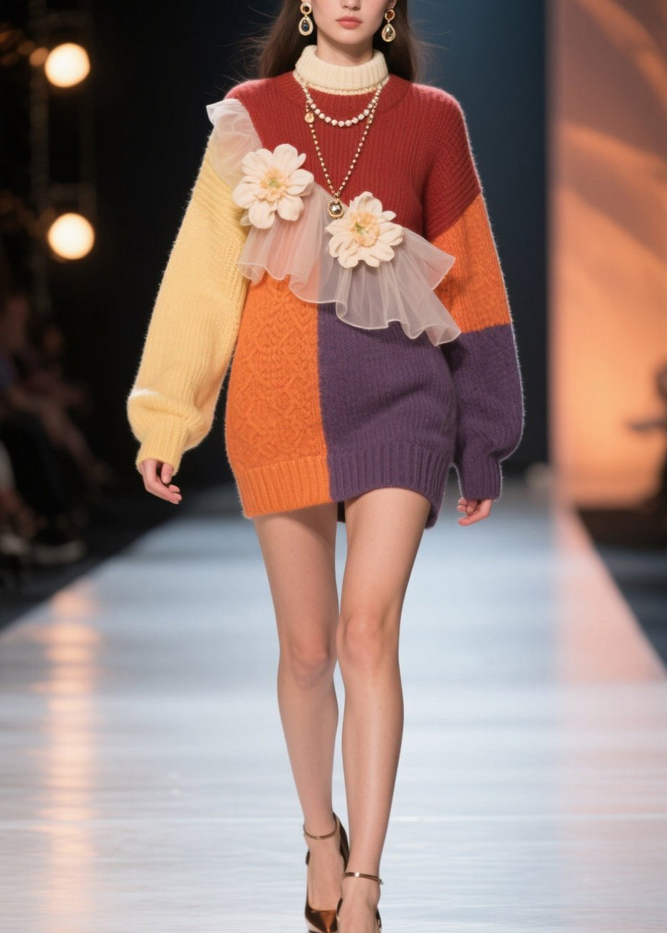 Italian Colorblock Hign Neck Tulle Knit Dress Winter