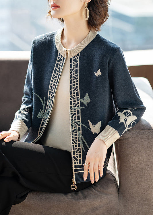 Blue O-neck Print Knitted Cotton Cardigans Fall