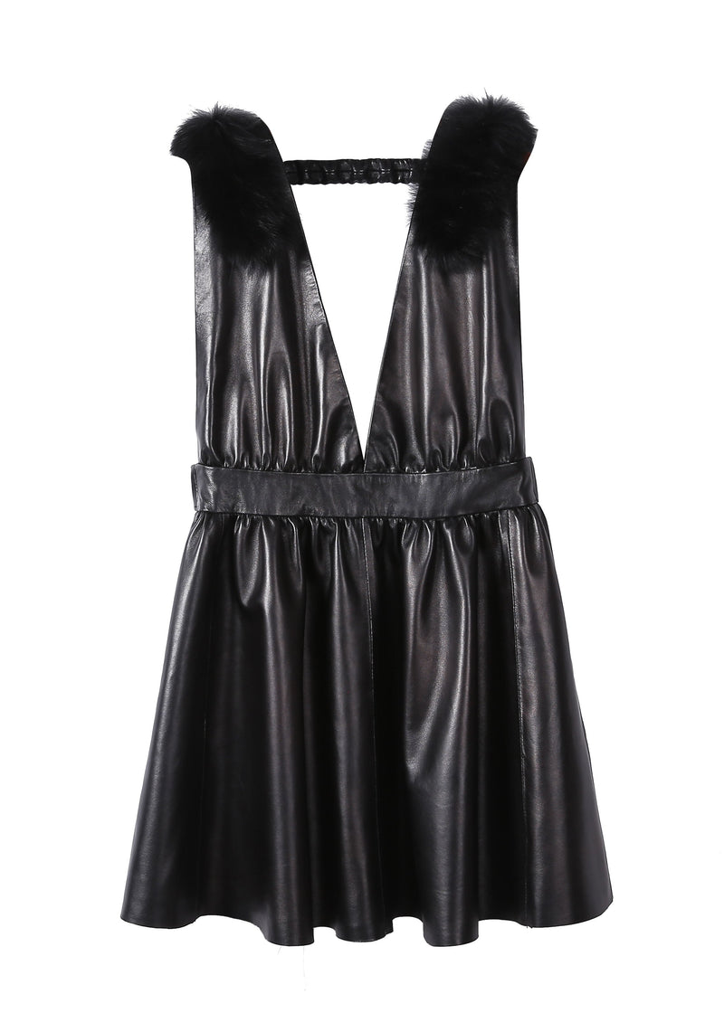 Boutique Black V Neck Fox Collar Slim Fit Sheepskin Dress Sleeveless