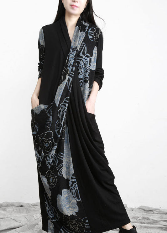 Black Bule Asymmetrical Design Pockets Cotton Dress Long Sleeve