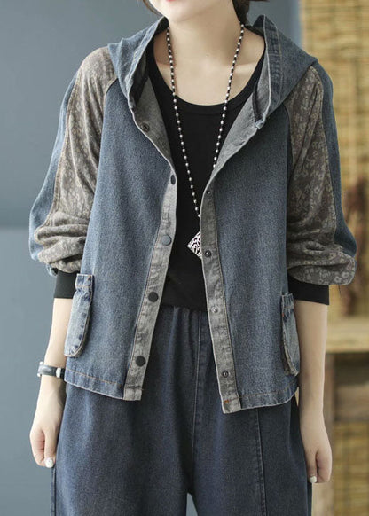Fitted Blue Hooded Patchwork Denim Coat
