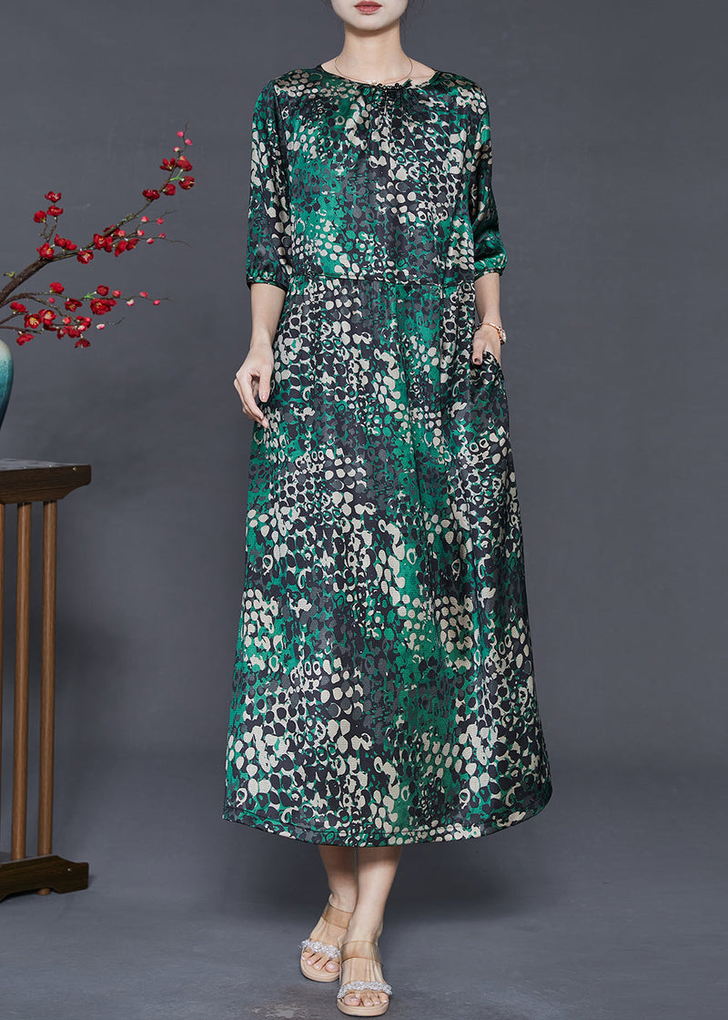 Green Print Tie Waist Silk Dress Summer