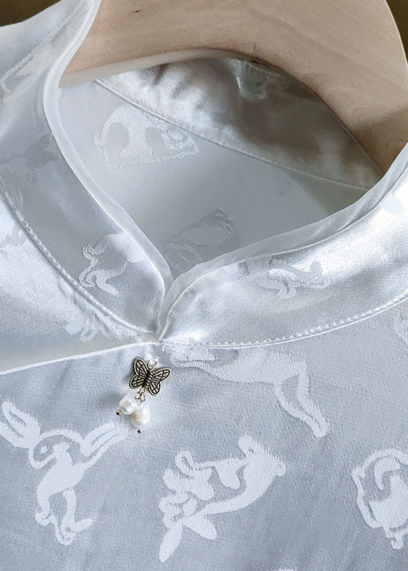 White Stand Collar Patchwork Jacquard Silk Shirts Spring
