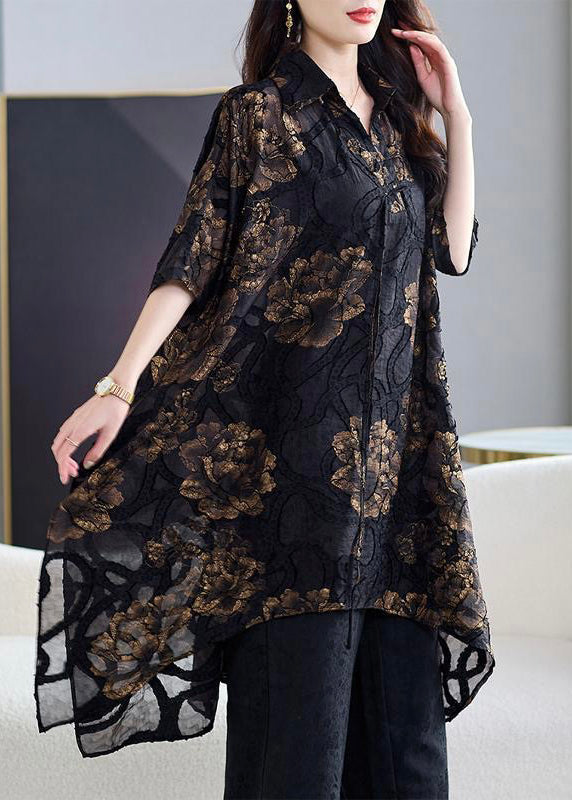 Black Asymmetrical Print Chiffon Cardigans Summer