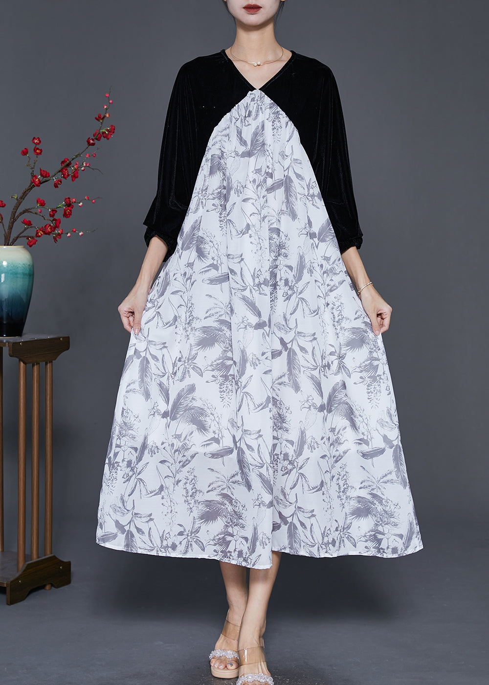 White Oversized Patchwork Silk Velour Chiffon Dress Spring