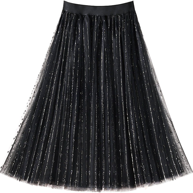 Black Elastic Waist Tulle Pleated Skirt Summer