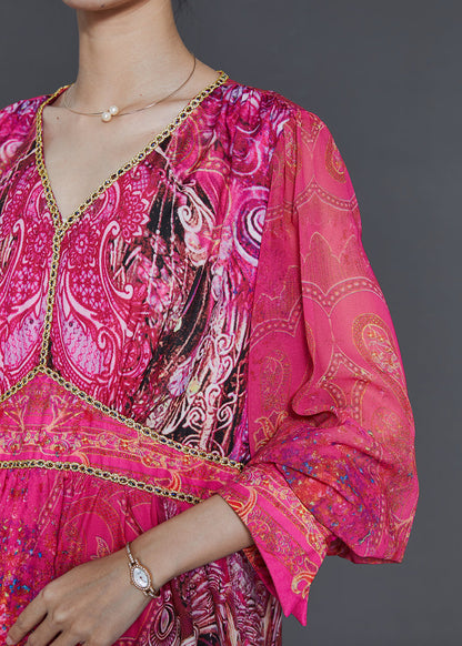 Rose V Neck Print Chiffon Style Dress Fall