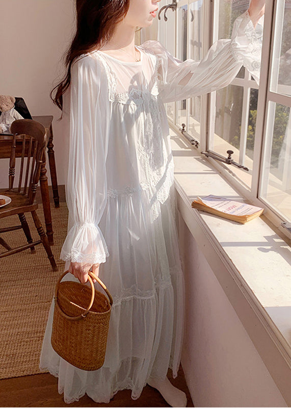 White O-neck Embroidered Tulle Vacation Long Dresses Long Sleeve