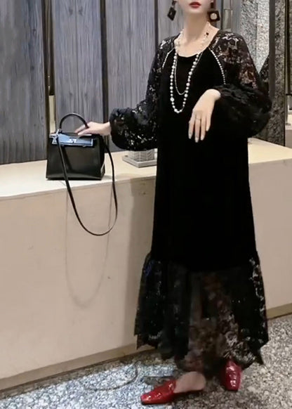 French Black O-neck Patchwork Hollow Out Lace Holiday Long Dress Long Sleeve
