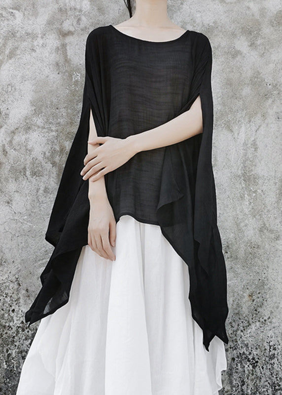 Black Baggy Linen Upf 50+ Tops Asymmetrical Batwing Sleeve