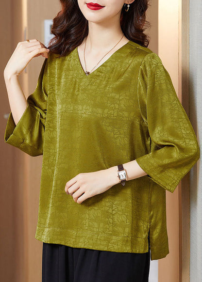 Boutique Light Green V Neck Wrinkled Color Side Open Silk Shirt Top Bracelet Sleeve