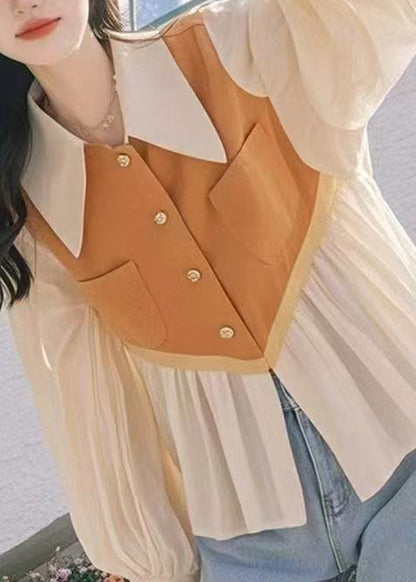 Peter Pan Collar False Two Pieces Patchwork Cotton Shirt Fall