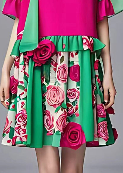 French Green O-neck Ruffled Patchwork Chiffon Mid Dress Summer
