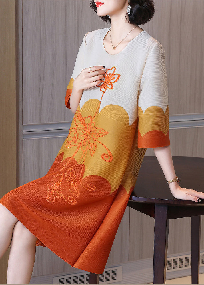 Orange O-neck Print Maxi Dress Half Sleeve