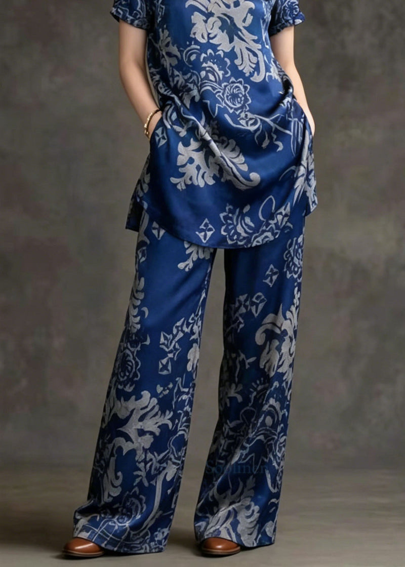 Chinese Style Stand Collar Print Silk Two Pieces Set Summer