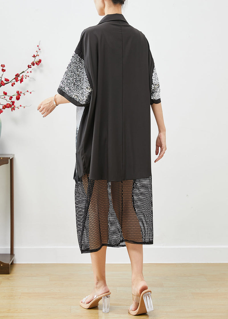 Black Sequins Patchwork Hollow Out Tasseled Maxi Dresses Fall