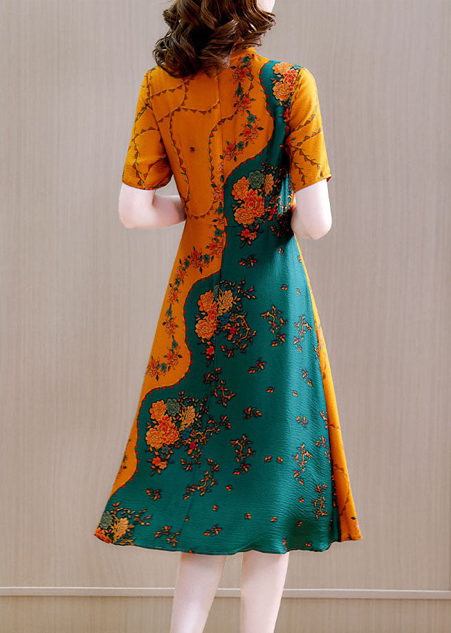 Boutique Colorblock Mandarin Collar Print Silk a Line Dresses Short Sleeve