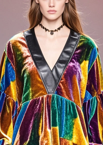 Diy Gradient Color V Neck Patchwork Exra Large Hem Silk Velour Shirt Top Fall