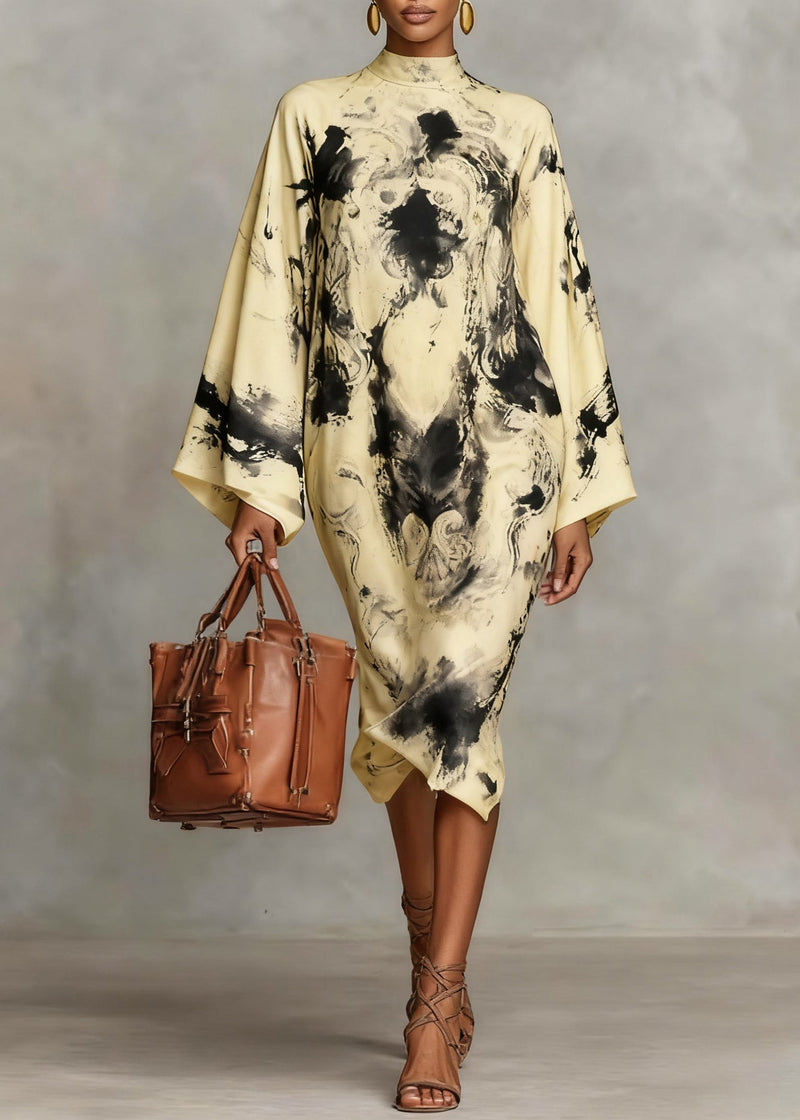 Loose Blue Stand Collar Print Silk Long Dresses Spring