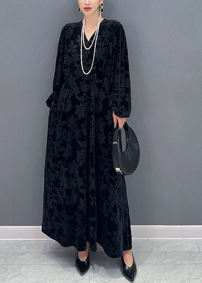 Black V Neck Jacquard Patchwork Velour Dresses Fall